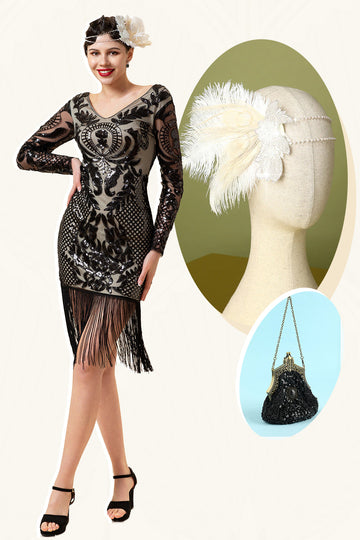 Svart Långärmade Paljetter Fransar 1920-Talets Gatsby Flapper Klänning Med 20-Tals Tillbehör Set